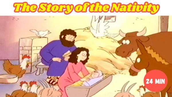 Jesus is born in a Bethlehem manger and greeted by angels and shepherds.