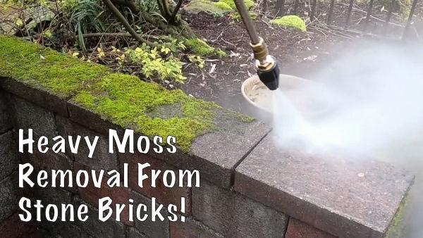 In this video Dan, our man, uses his pressure washer equipment to clean moss from stone brick walls and ground.
